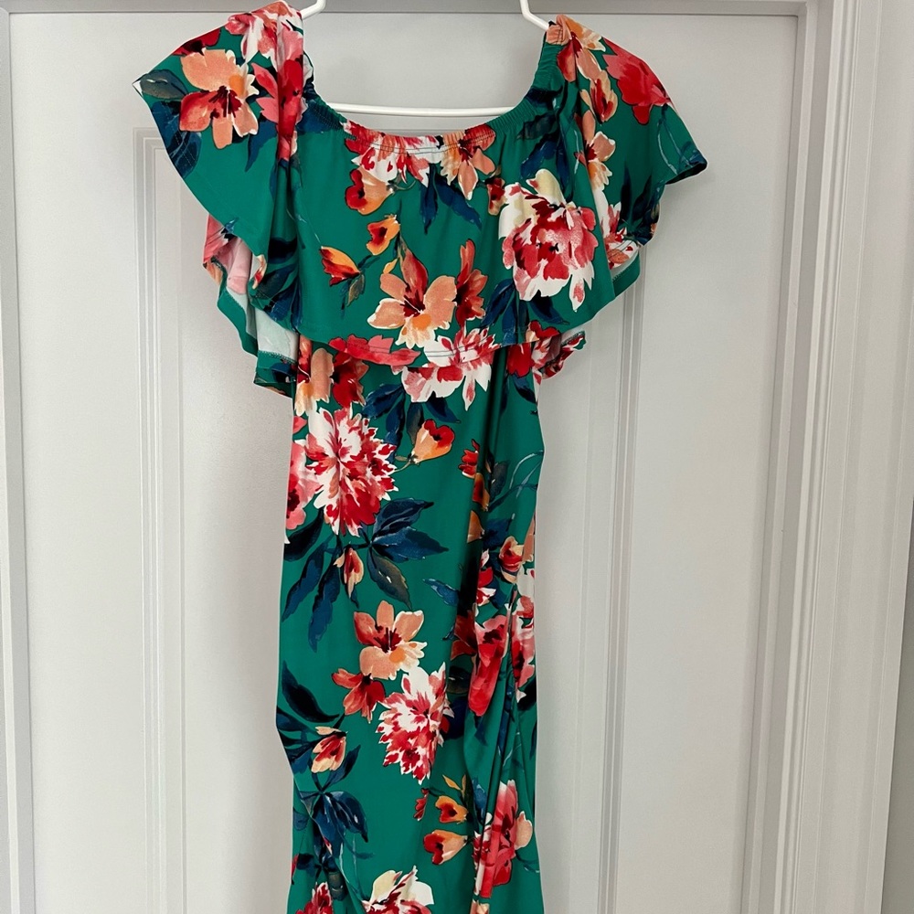 Off the shoulder, mid length maternity dress